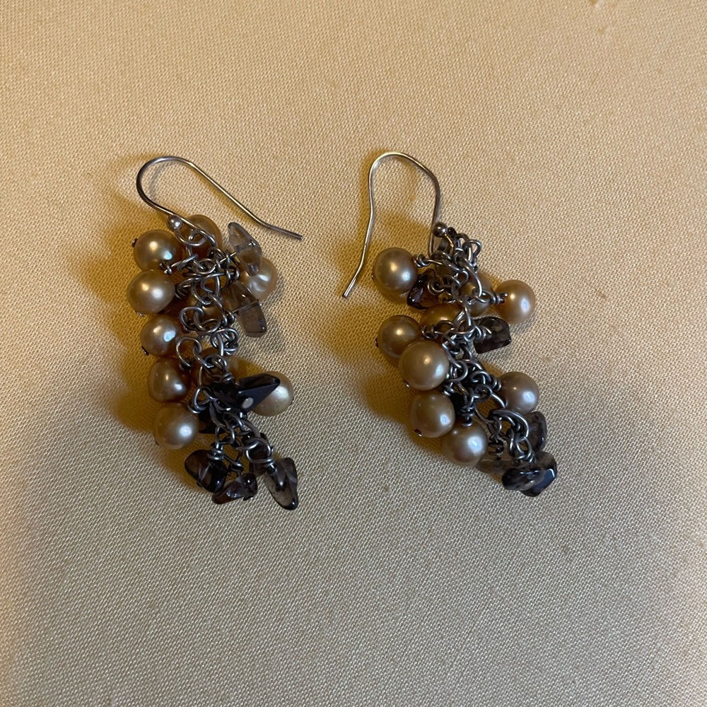 Champagne pearl and brown crystal cluster earrings
